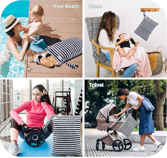 wegreeco Wet Dry Bag for Baby Swimsuit, Small Wet Dry Bag for Clothes Diaper and Breast Pump Parts, Large Baby bag for Travel,Gym Clothes,Beach,Pool,Extra Clothes (Black&Grey Stripes)