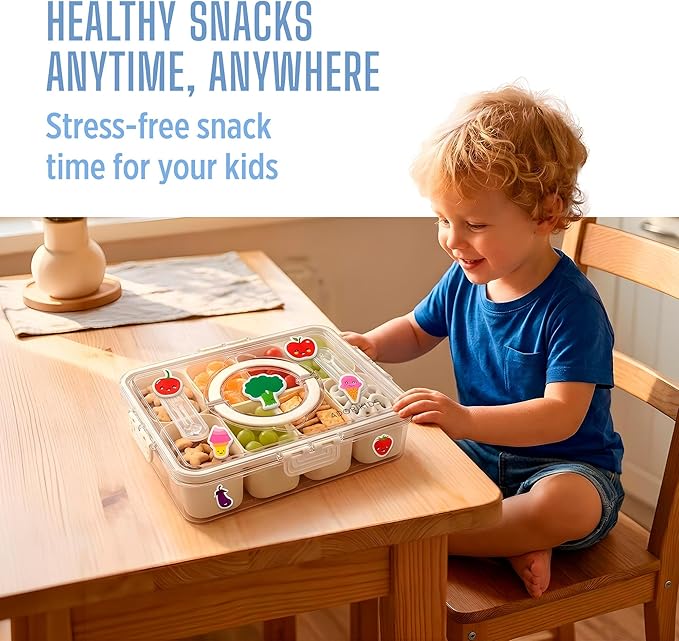 Travel Snack Container for Kids – Snackle Box with 8 Removable Compartments, Utensils and Recipe QR – Snack Box for Road Trips, Beach, Picnic and School Lunch