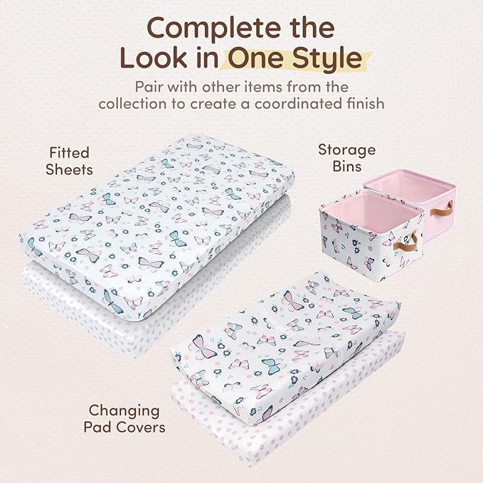 Baby Diaper Changing Pad Covers Table Sheets 32"x16", 8"Deep Pocket - Floral Changing Pad Cover, 100% Cotton Baby Girl Butterfly Nursery Change Pads Sheets 2 Pack, Designed in France, White-Light Pink