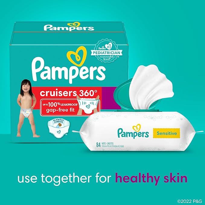Diapers Size 3, 168 Count and Baby Wipes - Pampers Pull On Cruisers 360° Fit Baby Diapers with Stretchy Waistband, ONE MONTH SUPPLY with Sensitive Wipes, 6X Pop-Tops, 336 Count (Packaging May Vary)
