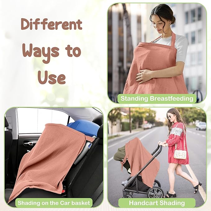 100% Organic Cotton Nursing Cover & Shawl - 43 x 28 Inch Breathable Muslin Breastfeeding Nursing Apron Cover with Arch Neckline for Mothers, Multi-use Carseat Canopy (Rust)
