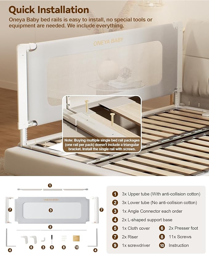 Bed Rail for Toddlers, Thickened & Reinforced Bedrails for Queen with Double Child Lock, Upgraded Toddler Bed Rails with Height Adjustable, Kids Baby Bed Rail Guard, Grey, 1Side 60" Lx28 H