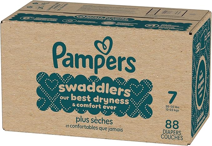 Pampers Swaddlers Diapers, Size 7 (26-50 lbs), 88 Count, Absorbent, Keeps Baby Dry and Comfortable, Skin Safe Disposable Baby Diaper (Packaging May Vary)