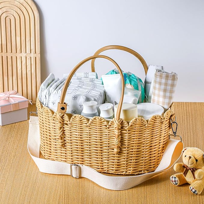 Baby Diaper Caddy Organizer Wicker Scalloped Rattan Basket with Handle Shoulder Strap and Removable Divider Wicker Caddy Basket for Diapers, Baby Shower Gifts, Newborn Essentials Must Haves