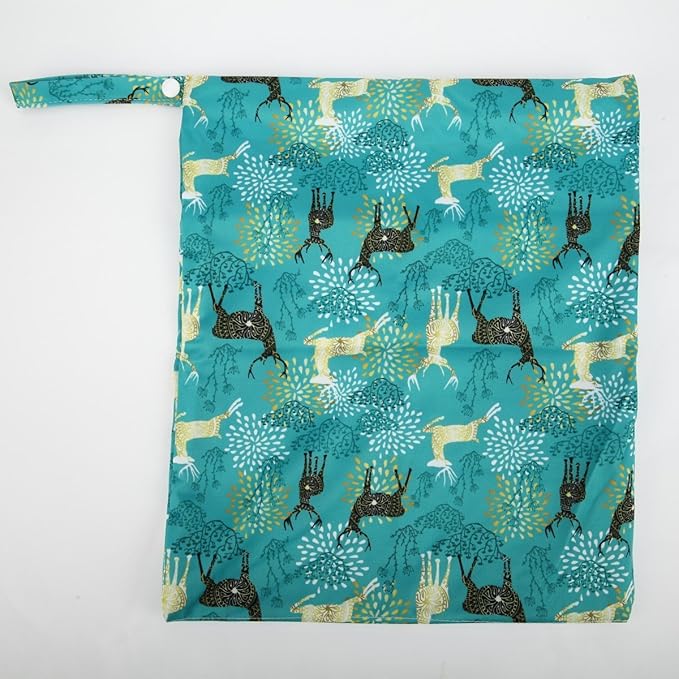 Medium Wet Dry Bag Baby Cloth Diaper Nappy Insert Bag Reusable Washable With Two Zippered Pockets (Regal Deer)