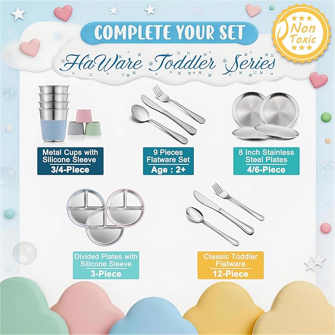 HaWare Baby Bowls with Suction, Stainless Steel Toddler Bowl with Removable Silicone Sleeve, Non-Slip Child Food Bowl with Silicone Suction, Unbreakable Kids Bowls for Feeding, Blue+Grey+Pink, 3 Pack