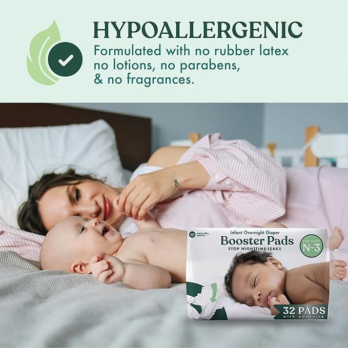 Naturally Nature Overnight Leak-Protection Diaper Booster Pads, for Heavy Wetters, Diaper Liners for Baby Overnight Diapers - Size N-3 Unisex, 96-Pack