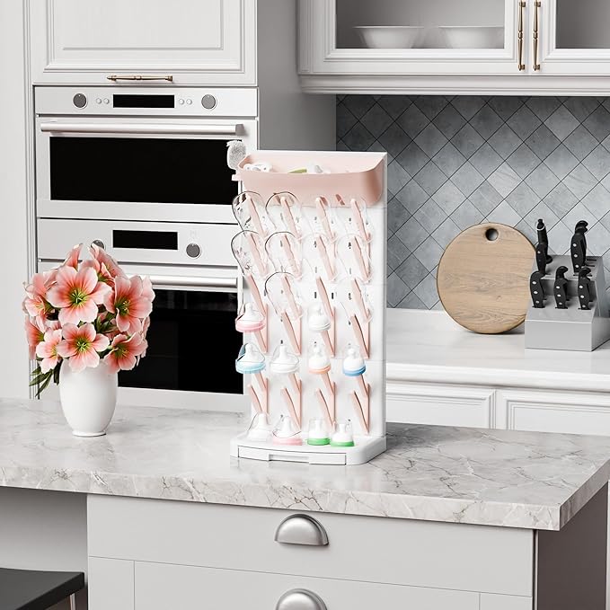 SuoXing Vertical Baby Bottle Drying Rack with Brush- Hold 24 Bottles - Large Breast Pump,Bottle Dryer Rack for Kitchen Countertop,Space Saving Bottle Stand Holder for Pacifiers,Pump Accessories,Pink