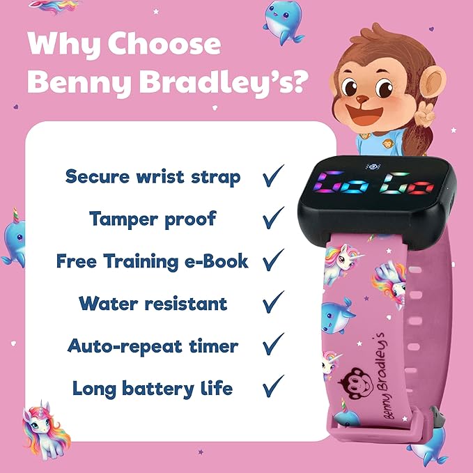 Potty Training Watch & Board Book for Kids – A Water Resistant Potty Reminder Device for Boys & Girls - Train Your Toddler with Fun Musical or Vibration Reminders and Printed Board Book (Unicorn)