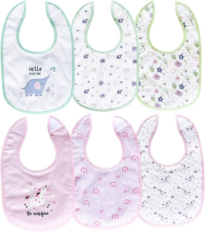 PUPPET 6 Pack Baby Teething Bibs for Girls Hook Loop Closure for Drooling Feeding Eating, 6-12 Months