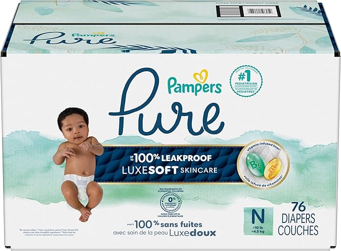 Pampers Pure Baby Diapers, Size 0 (>10 lbs), 76, Up to 100% Leakproof, Premium Hypoallergenic Soft Diapers