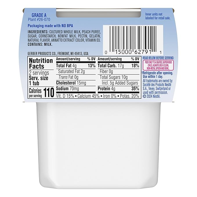 Gerber Stage 2 Baby Food, Peach Yogurt Tubs, Calcium Helps Support Bone Development, Baby Yogurt, 2-Pack