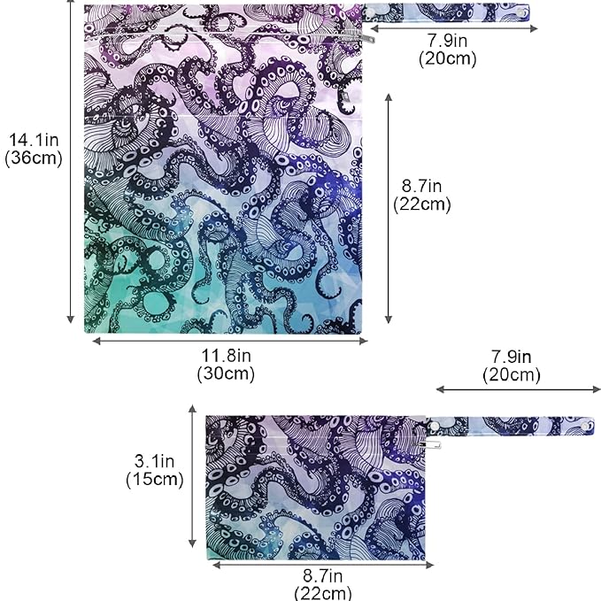 visesunny Abstract Octopus Hipster 2Pcs Wet Bag with Zippered Pockets Washable Reusable Roomy Diaper Bag for Travel,Beach,Daycare,Stroller,Diapers,Dirty Gym Clothes,Wet Swimsuits,Toiletries