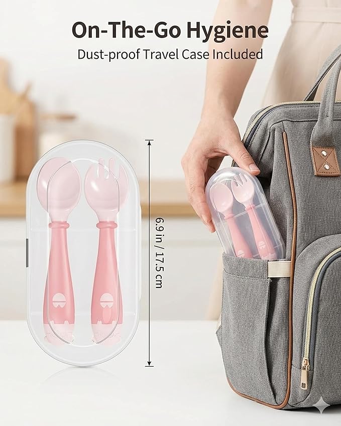 Deejoy Toddler Utensils, Self-feeding Flatware Set withTravel Case, Baby Spoons and Forks with Silicone Bendable Handle, Easy Grip Heat-Resistant, Ideal for Kids, Stage 2 Pink