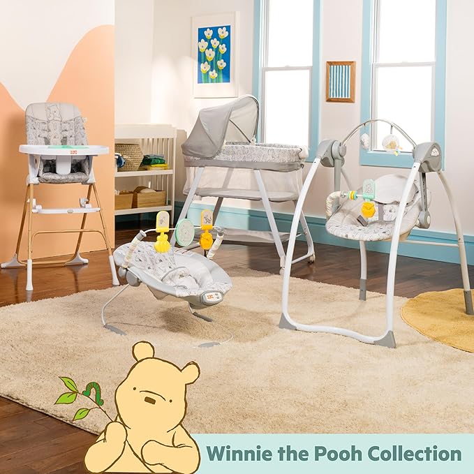 Bright Starts Disney Baby Winnie The Pooh Compact Folding High Chair, Food-Grade Safe Plate, 5-Point Harness, for Ages 6 Months and Up, Unisex – Classic Pals Pattern