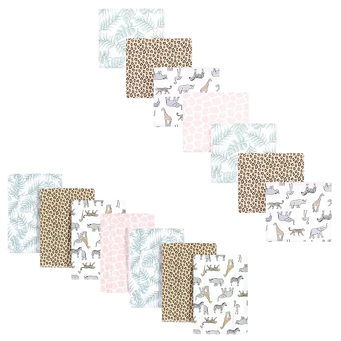 Hudson Baby Unisex Baby Cotton Flannel Burp Cloths and Receiving Blankets, 14-Piece, Modern Pink Safari, One Size