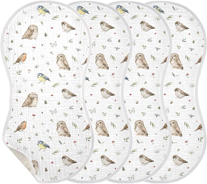 vvfelixl Muslin Burp Cloths Owl Sparrow Robin Birds Baby Washcloths for Baby Girl Boys 2 Pack White