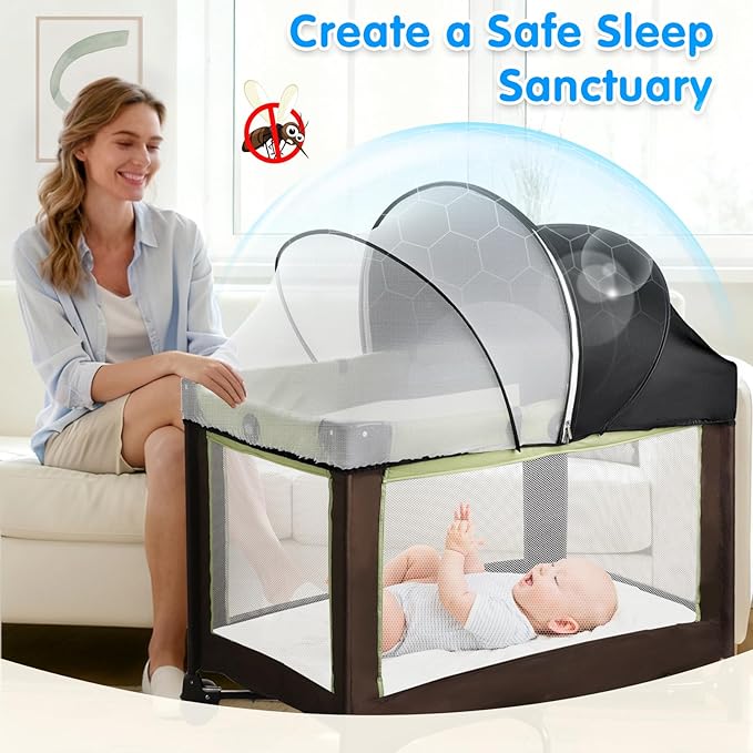 Pack N Play Tent Cover - Half-Blackout Mosquito Net for Crib & Playpen, Baby Bassinet Cover for Cats with 2-Way Zipper, Sun-Blocking Bug Net for Travel Crib (Black-Large)