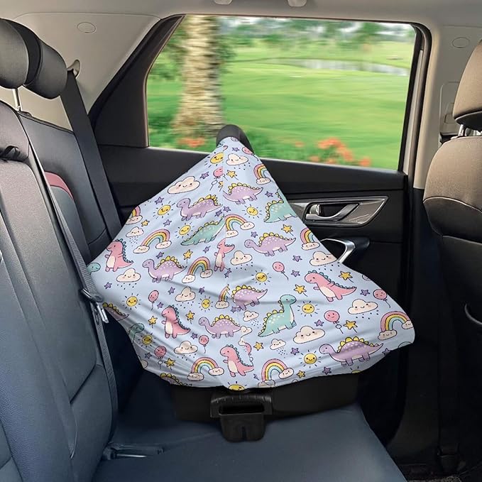 LedBack Cute Car Seat Cover for Babies Baby Stuff Nursing Breastfeeding Cover, Soft Breathable Baby Carseat Canopy, Rainbow Dinosaurs Pattern