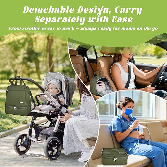 Breast Pump Bag with Insulated Cooler, Double-Layer Pumping Bag for Work & Travel, Fits Most Electric Breast Pumps, Includes 10 Ice Packs & Waterproof Mat, Detachable Bottle Cooler Tote, Green
