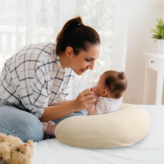 Pro Goleem Muslin Nursing Pillow Cover, 100% Cotton Soft Breathable Feeding Pillow Slipcover for Breastfeeding Moms, Fits Standard Infant Nursing Pillow, for Boys and Girls, 2 Pack (Brown&Beige)