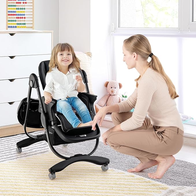 BABY JOY High Chair, Foldable Baby High Chair with Adjustable Height, Recline & Footrest, Double Removable Tray, Storage Basket, Portable Chair with Wheels for Babies & Toddlers (Black)