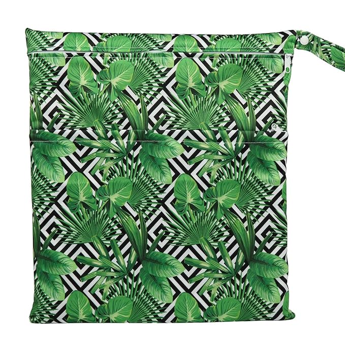 2 Wet Bags Reusable Diaper Nappy Waterproof With Two Zippered Pockets (Golden Leaves and Swirl Leaves)