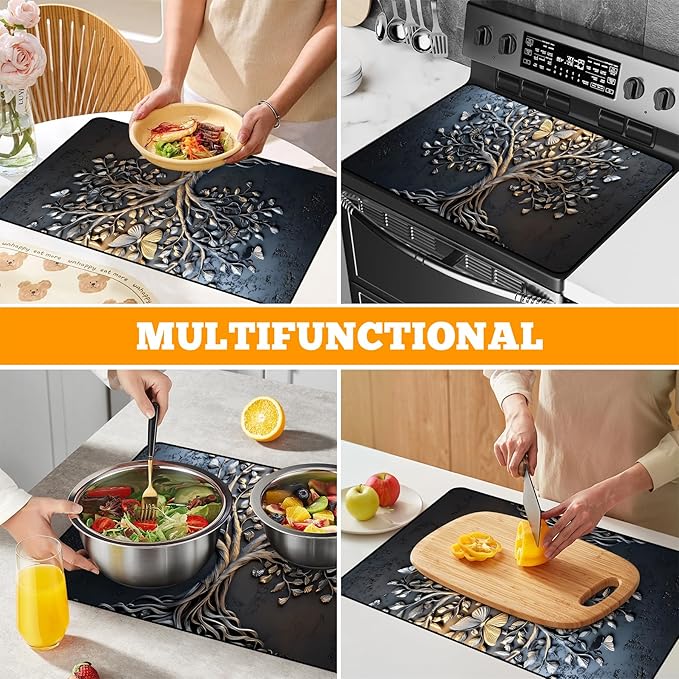 Multi-Design Stove Top Cover for Glass/Electric Stoves - 3-in-1 Heat-Resistant Protector Mat, Non-Slip Drying Rack 30"x21"(Tree of Life - Black)