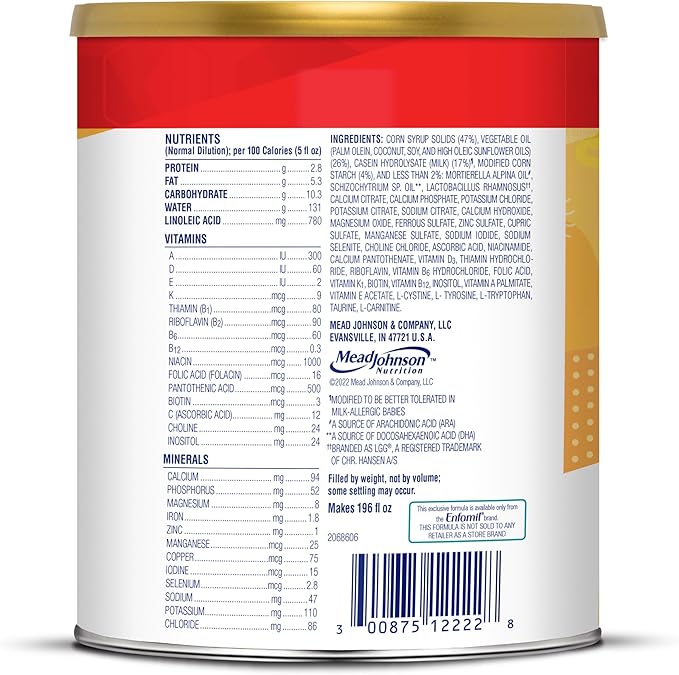 Enfamil Nutramigen Hypoallergenic Baby Formula+ Iron,Lactose Free,Colic Relief from Cow's Milk Allergy Starts in 24 Hours,Brain Building DHA,Probiotic LGG for Immune Support, 27.8 Oz Can (Pack of 2)