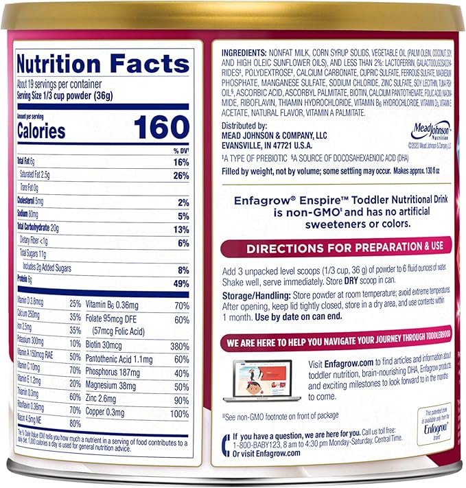 Enfagrow Enspire Toddler, Nutritional Drink, Immune-Supporting Lactoferrin and Brain-Supporting DHA, Natural Milk Flavor, 24 Oz Can (Pack of 4)