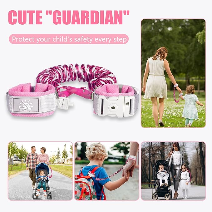 Toddler Harness Walking Leash- Child Anti Lost Wrist Link - Child Safety Harness - Upgrade with Reflective(6.5ft) - for Boys and Girls,Not Easy to Open Without Key (Pink)