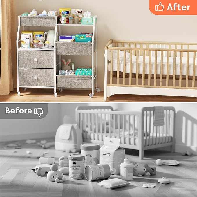 DTK Baby Diaper Caddy Organizer, 3 Tier Rolling Diaper Cart with Dividers and Drawers, Mobile Utility Baby Storage Cart with Wheels, Baby Newborn Essentials for Nursery, Bedroom, Charging Table,Crib