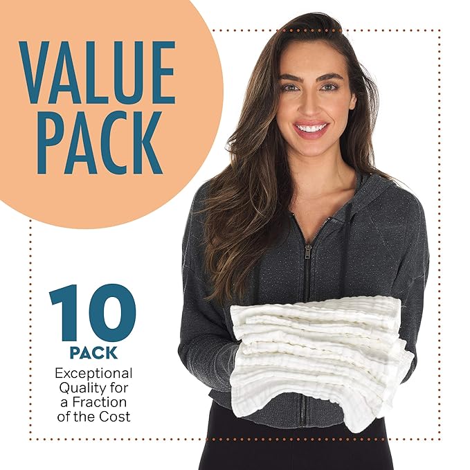 AllSett Health 10 Pack Muslin Burp Cloths Large 20" by 10" 100% Cotton, Hand Wash Cloth 6 Layers Extra Absorbent and Soft White