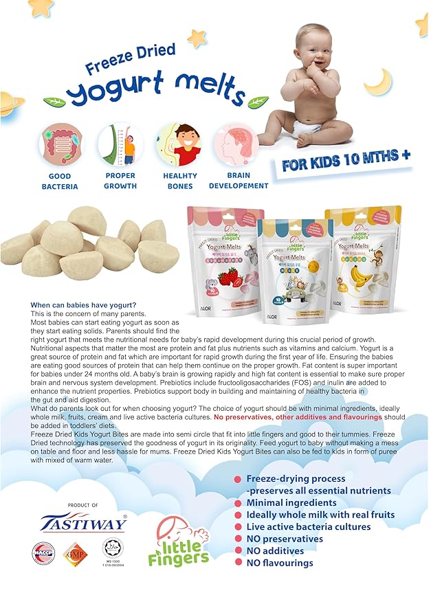 ALOR Little Fingers Baby Yogurt Melts Variety Pack – Banana, Strawberry & Milk – Freeze-Dried Snacks for Babies 10+ Months – No Preservatives – Probiotics, (15 Grams x 9 Packs - Variety Pack).