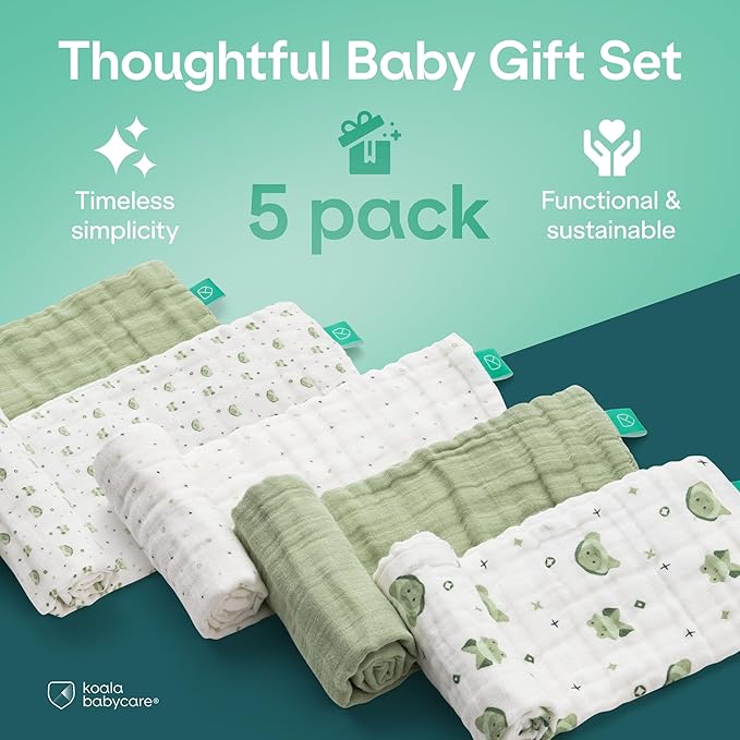 Koala Babycare 5 Pack 20"x10" Organic Burp Cloths for Baby Boys and Girls - GOTS & OEKO-TEX Cotton Burp Rags for Newborns - Absorbent Neutral Burping Cloths for Feeding - Washable Baby Bibs Essentials