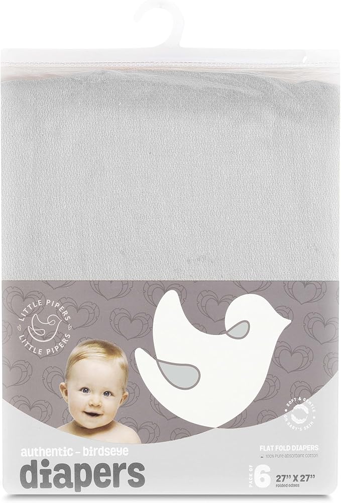 Deluxe 100% Natural Cotton Birdseye Cloth Diapers for Babies - Absorbent Cloth Diapers Burp Cloths - Grey - 6 Pack