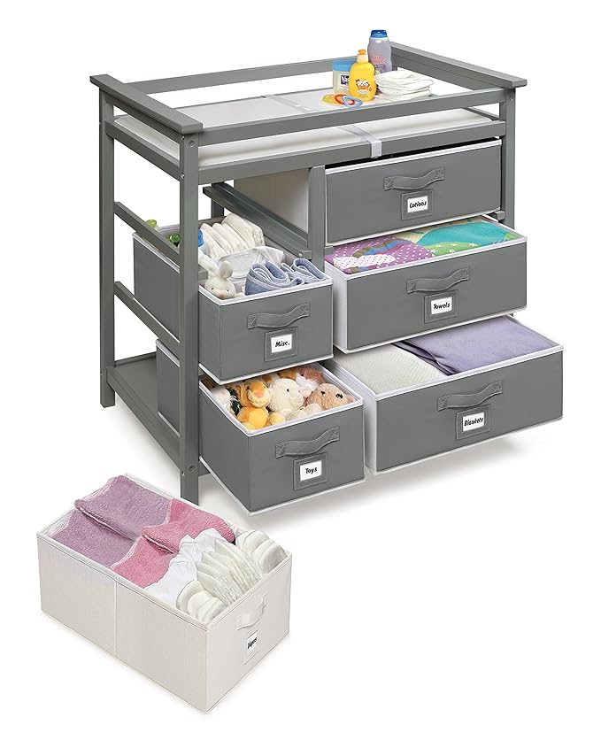 Badger Basket Modern Baby Changing Table - Diaper Station Organizer with 6 Storage Drawers, Reversible Baskets, Safety Rails - Baby Nursery Furniture with Changing Pad and Belt - Gray