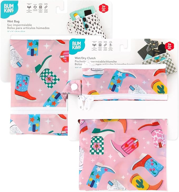 Bumkins - Waterproof Wet Bag & Wet/Dry Clutch Bags - For Beach, Baby, Travel, Swim Suit, Cloth Diapers, Pump Parts, Pool, Gym, Toiletries - Reusable & Easy to Clean - Cowgirl Boots - 2 Pack