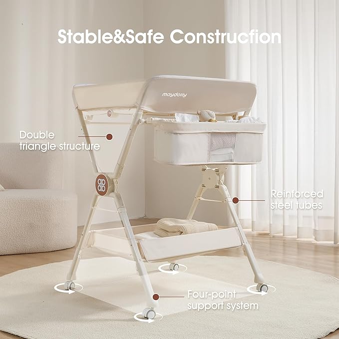 Maydolly Changing Table,Portable Diaper Changing Station, Foldable Baby Changing Table,Compact Nursery Diaper Changing Table for Baby,Adjustable Height,Mobile on Wheels (Beige)