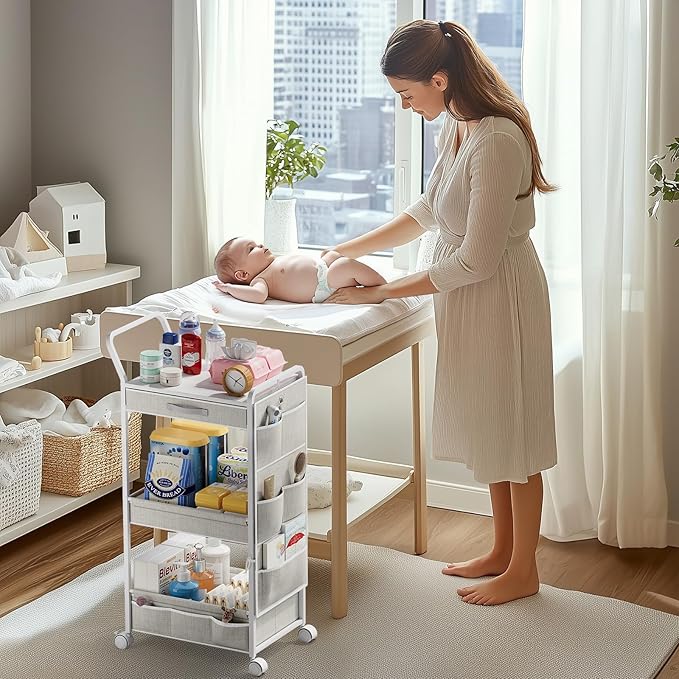 BBLIKE 3-Tier Diaper Caddy Organizer - Rolling Utility Baby Cart with Drawer and Side Pockets for Nursery and Baby Essentials, Multi-Function Cart for Bedroom and Bathroom, White