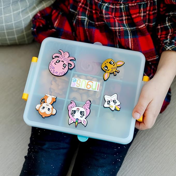 Travel Snack Box for Kids - Customizable Snackbox Container Organization System with Removable Dividers and Fun Silicone Character Decorations - Air-Tight Dishwasher-Friendly Toddler Food Containers