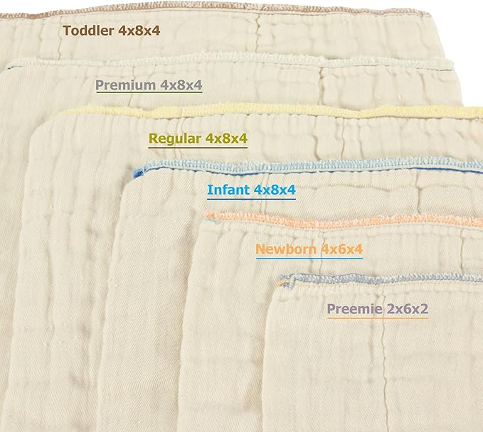 OsoCozy Unbleached Prefold Cloth Diapers 100% Cotton, Durable, Soft, Absorbent, Sustainable & Economical - dims, Fits size range. - (Size)
