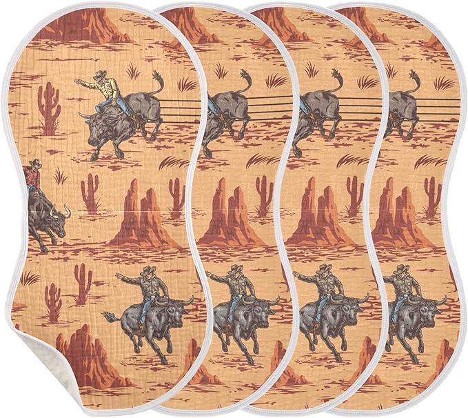 Western Cowboy Bulls Burp Cloths Baby Boys Girls Absorbent Soft Cotton Burping Cloths Rags 4 Pack