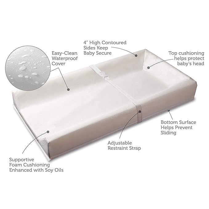 Sealy Baby Soybean Comfort Waterproof Diaper Changing Pad for Dresser or Table, Contoured 3-Sided, Wipeable Easy to Clean Surface & Durable Premium Foam, Made in USA, White, 32 x 16"