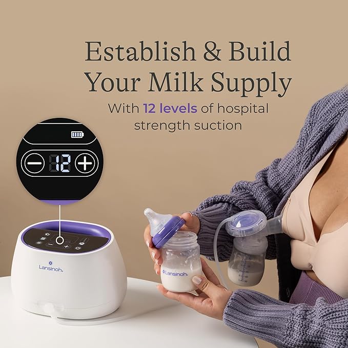 Lansinoh NaturalWave Double Electric Breast Pump White/Purple | Hospital-Grade Suction with 12 Levels, 5 Flange Sizes & Baby-Mimicking Motion | Breastfeeding Essentials for Pumping Moms