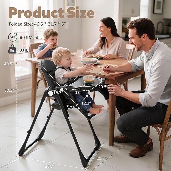 TODEFULL 3 in 1 Foldable Baby High Chair, Infant High Chairs for Babies and Toddlers, 6 Height & 5 Recline Adjustable Toddler Feeding Chair, 2 Tray Depth & 3 Footrest Angles, 2 Built-in Wheels, Black