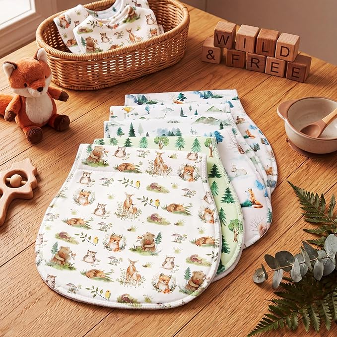 SmoothNovelty 5 Pack Woodland Animal Baby Burp Cloths Soft Absorbent Burping Rags for Newborns 19"x9" Spit up Cloths for Boy Girl Newborn Baby Shower Registry Gifts Set Nursery Decor