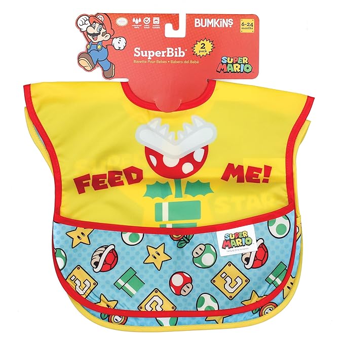Bumkins Nintendo Bibs for Girl or Boy, SuperBib Baby and Toddler for 6-24 Months, Essential Must Have for Eating, Feeding, Baby Led Weaning, Waterproof Soft Fabric, 2-pk Super Mario Expressions