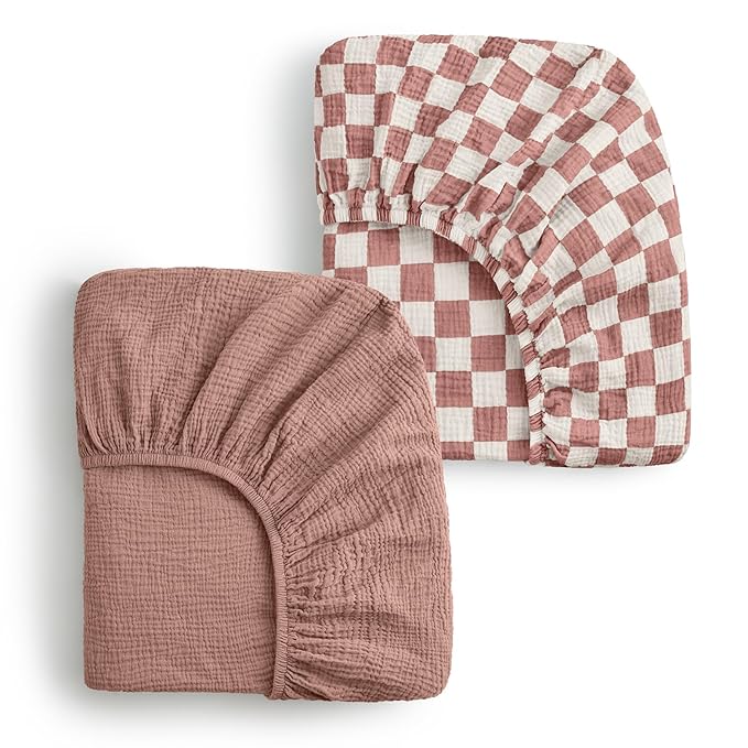Blissful Diary Muslin Changing Pad Cover for Baby Girls, Ultra Soft Breathable Cotton, Baby Diaper Change Table Pad Covers, 2Pack (Checkered Pink & Dusty Pink)
