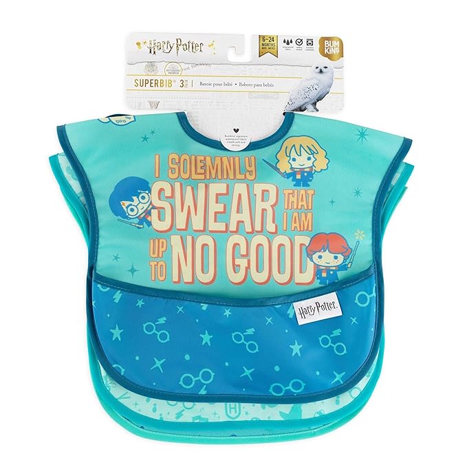 Bumkins Bibs for Girl or Boy, SuperBib Baby and Toddler for 6-24 Months, Essential Must Have for Eating, Feeding, Baby Led Weaning, Mess Saving Waterproof Soft Fabric, 3-pk Harry Potter Mischief